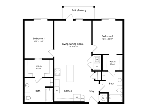 Floor plan for 2 beds, 2 baths, 1080 sqft